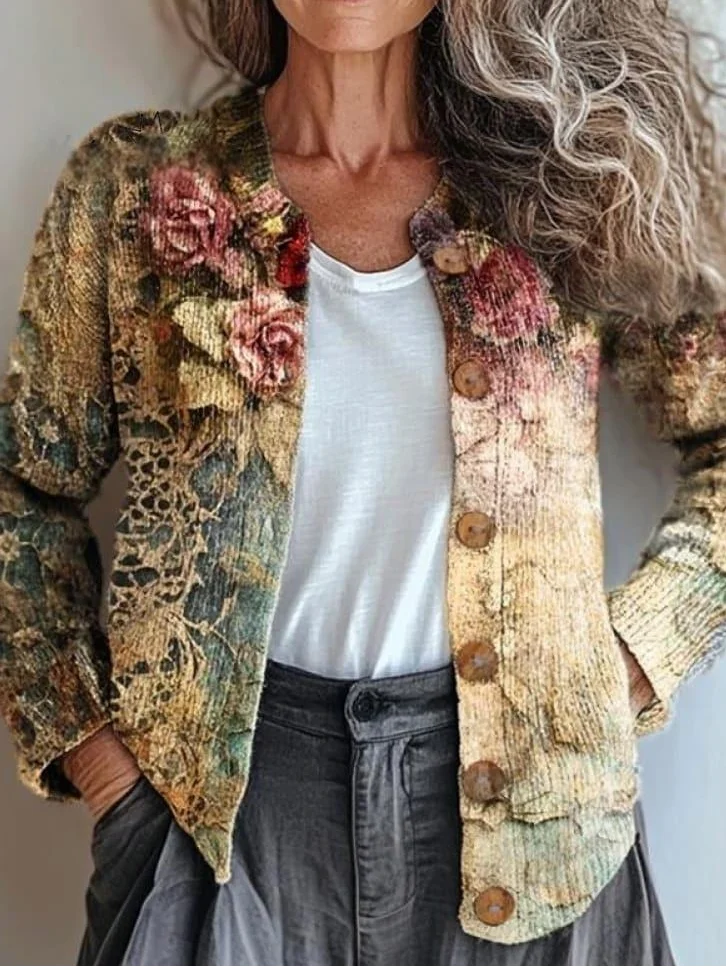 Damen Gestrickt Verlaufsmuster Langarm Bequem Retro Strickjacke