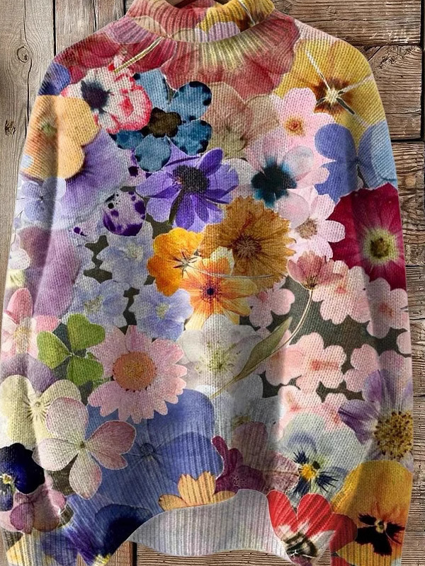 Lässig Rollkragen Geblümt Sweatshirt