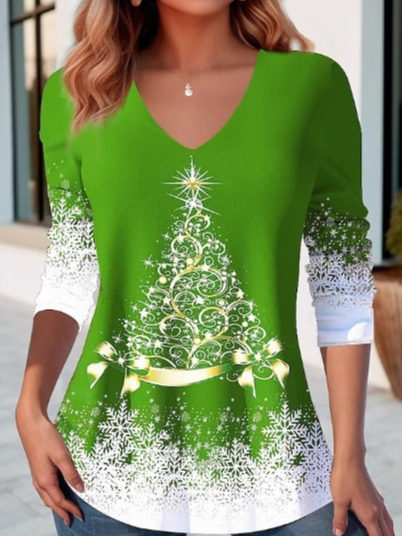 V-Ausschnitt Langarm Weihnachten Warmbohren Regelmäßig Mikroelastizität Weit Bluse für Damen