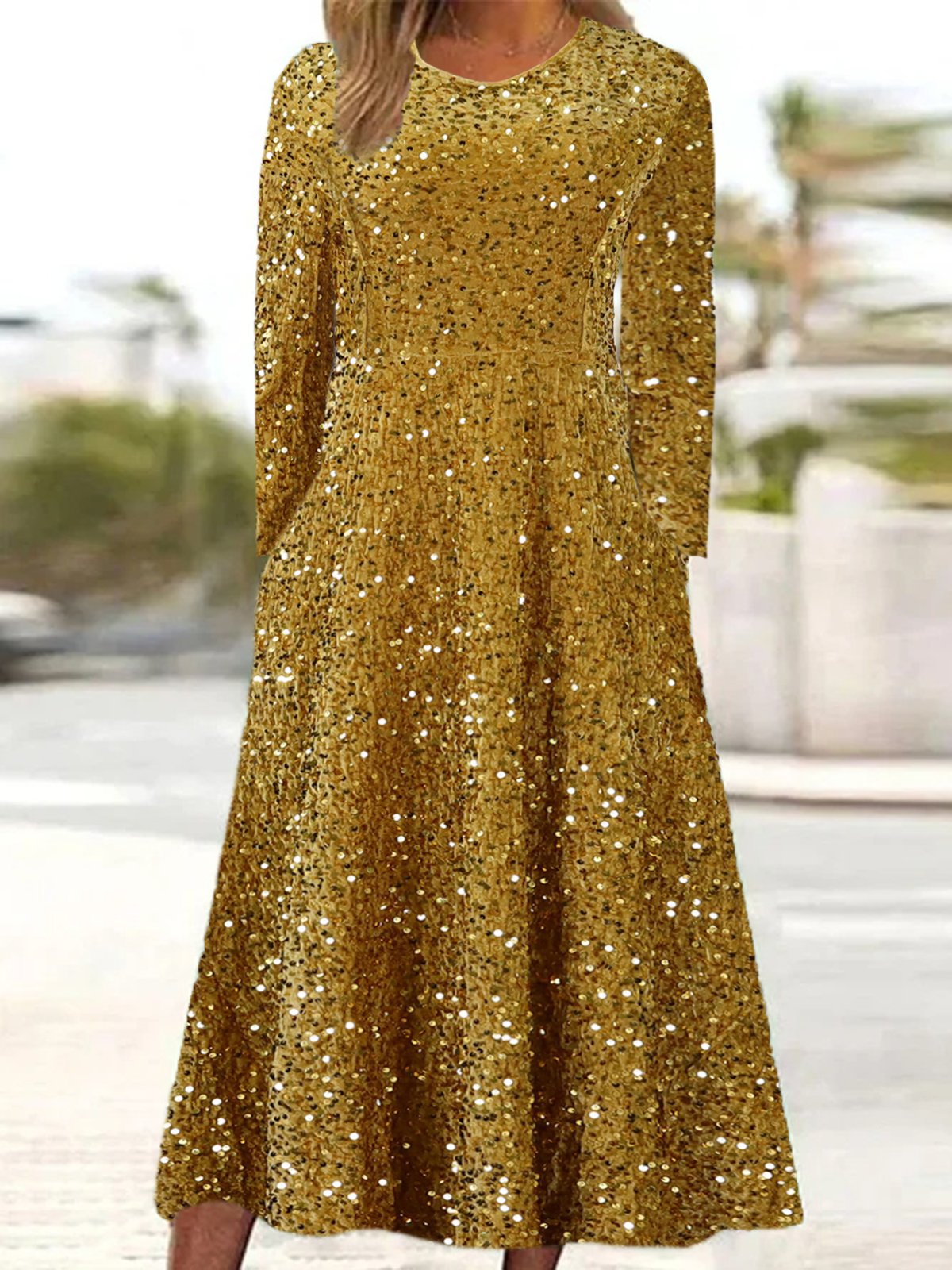 Damen Geometrisch Frühling/Herbst Kleid Rundhals Langarm A-Linien-Kleid