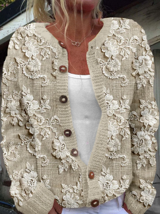 Damen Gestrickt 3d Drucken Langarm Bequem Retro Strickjacke