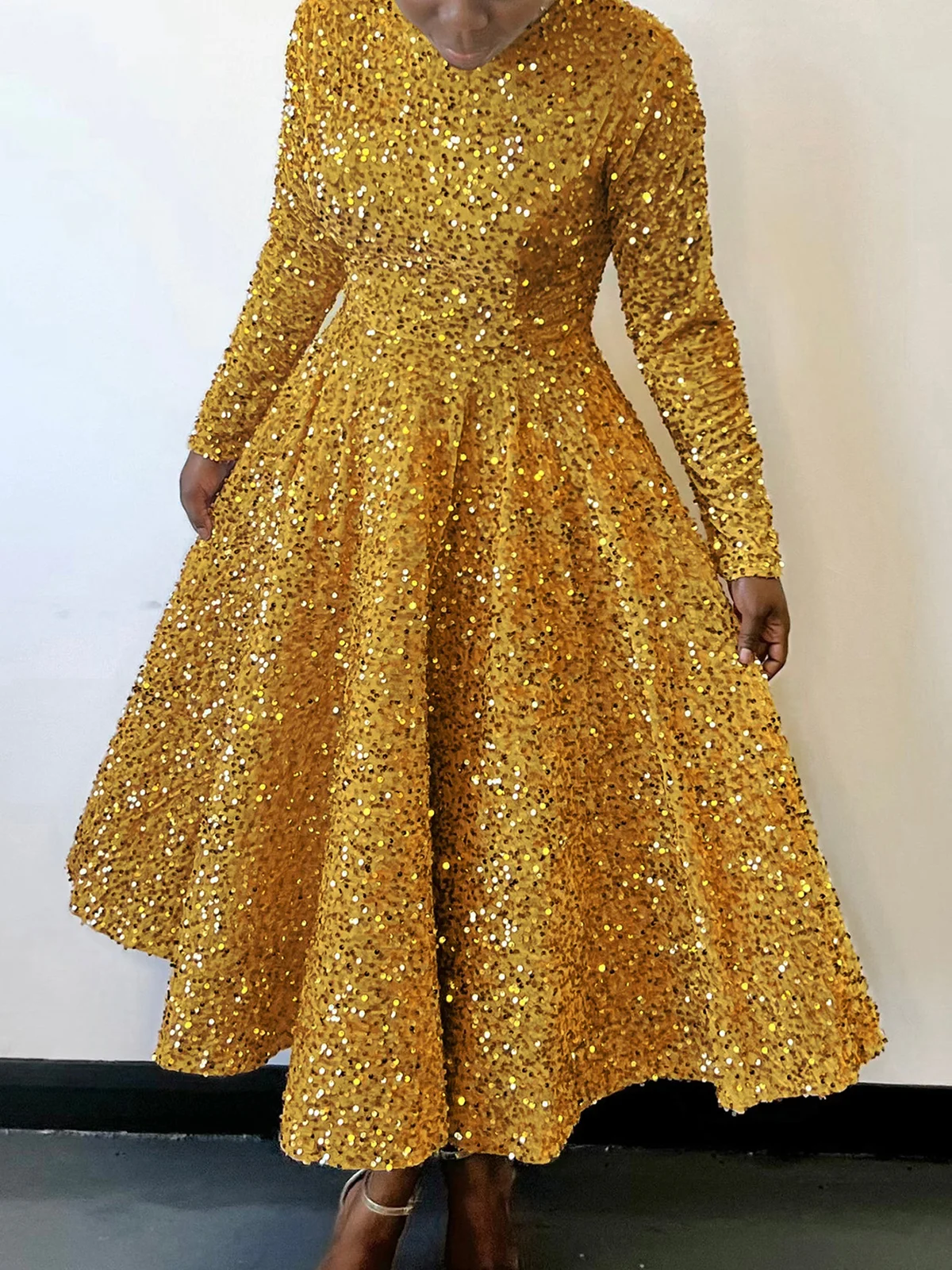 Damen Geometrisch Frühling/Herbst Kleid Rundhals Langarm A-Linien-Kleid
