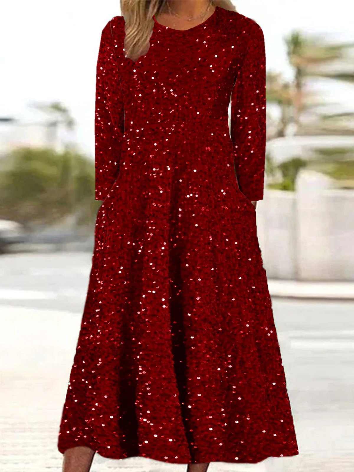 Damen Geometrisch Frühling/Herbst Kleid Rundhals Langarm A-Linien-Kleid