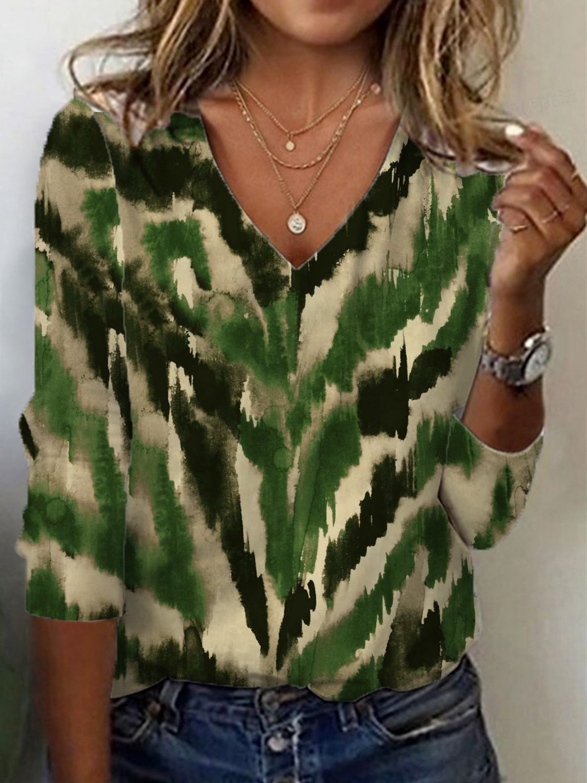 Lässig Leopard V-Ausschnitt Langarm T-Shirt