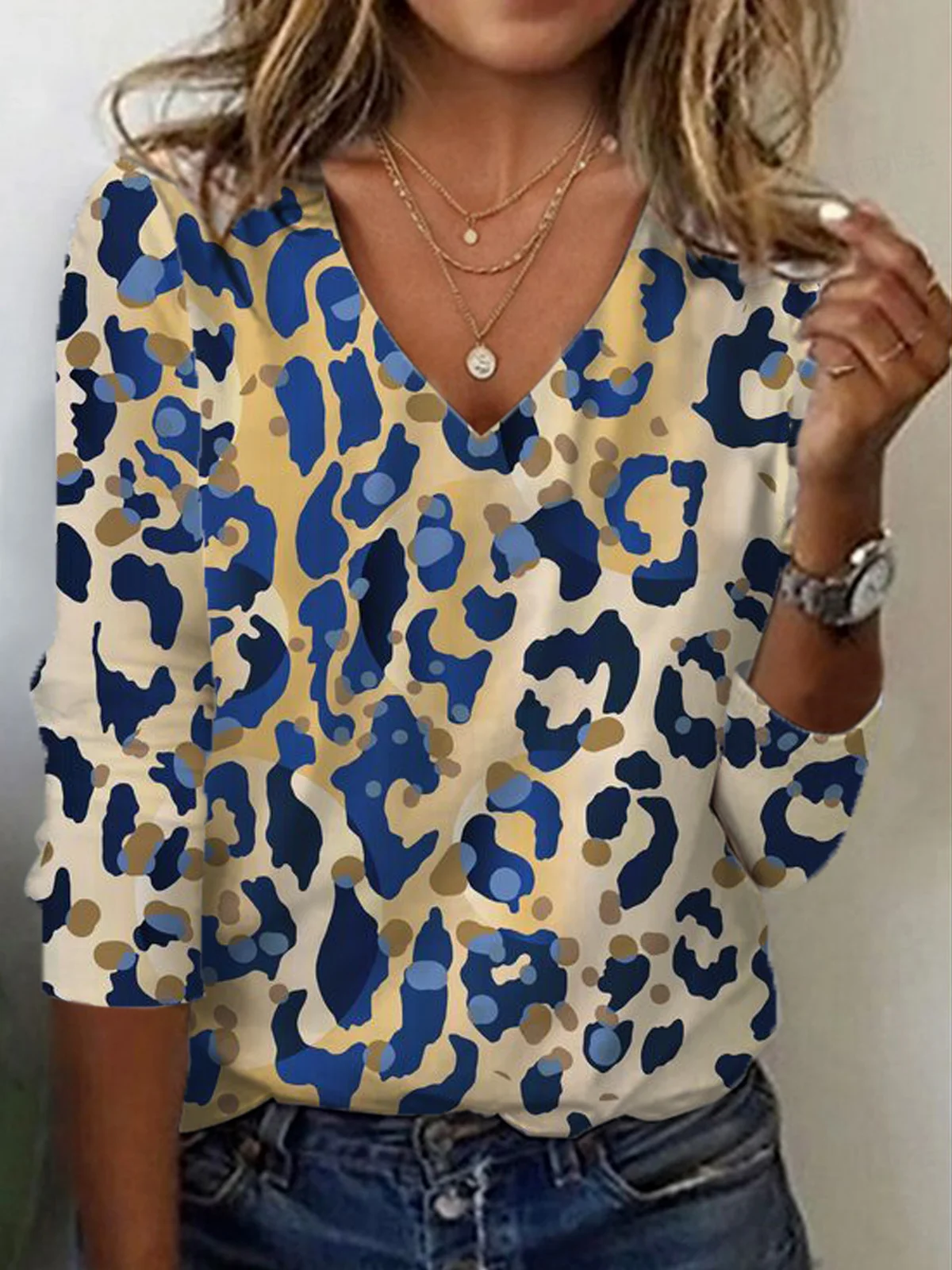 Lässig Leopard V-Ausschnitt Langarm T-Shirt
