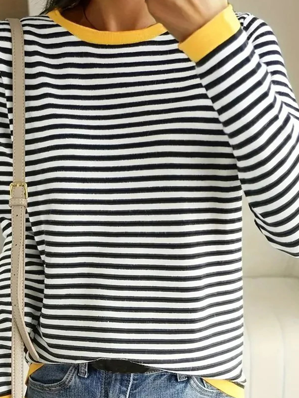 Lässig Gestreift Rundhals Langarm T-Shirt