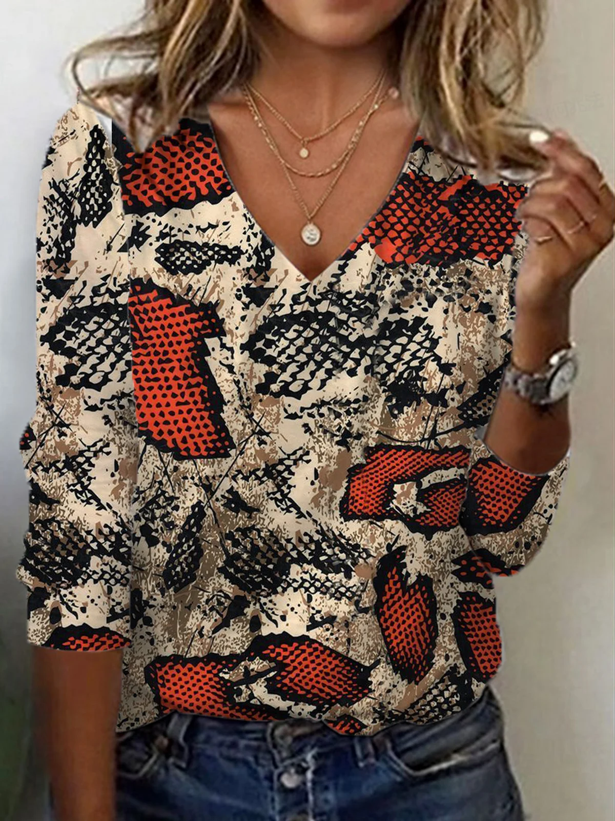 Lässig Leopard V-Ausschnitt Langarm T-Shirt