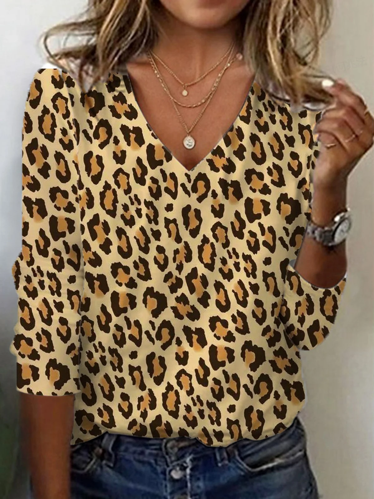 Lässig Leopard V-Ausschnitt Langarm T-Shirt