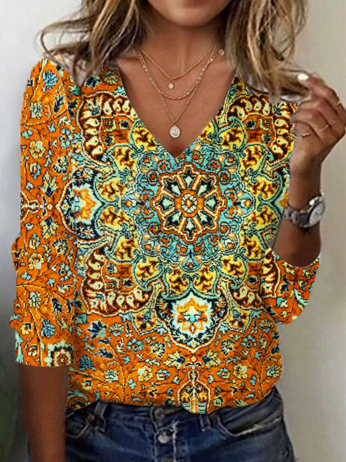 Lässig Ethnisch V-Ausschnitt Langarm T-Shirt