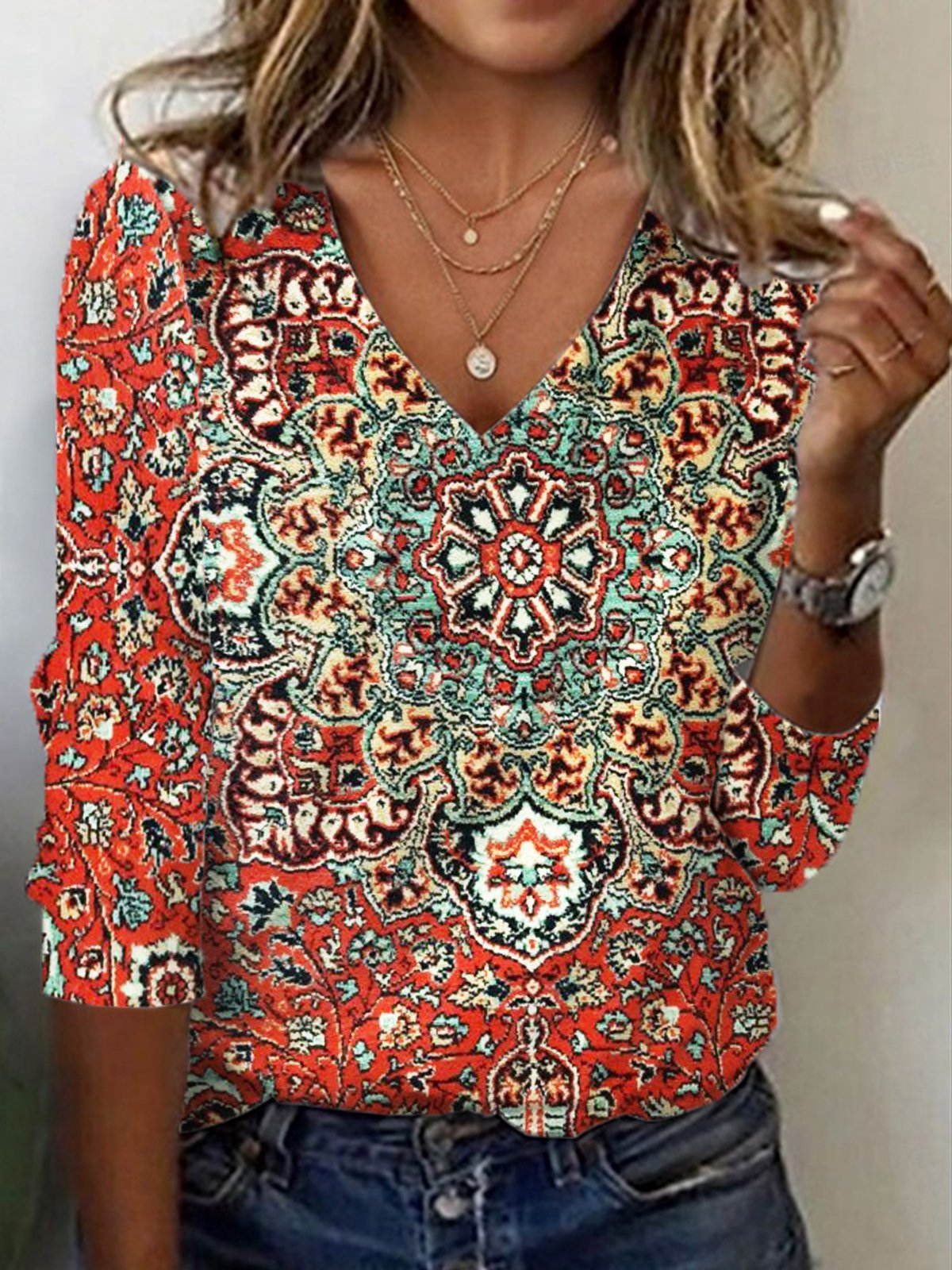 Lässig Ethnisch V-Ausschnitt Langarm T-Shirt