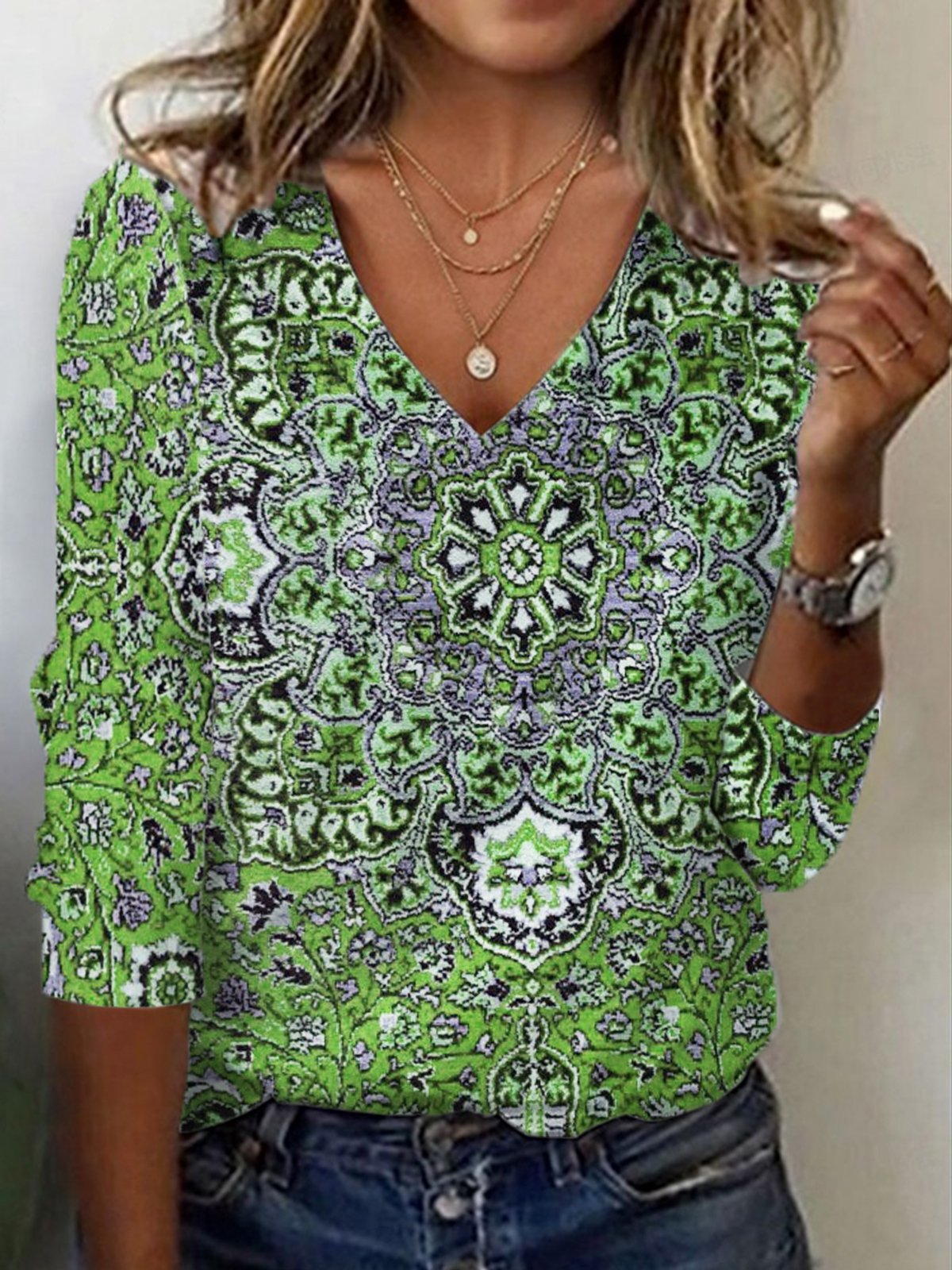Lässig Ethnisch V-Ausschnitt Langarm T-Shirt
