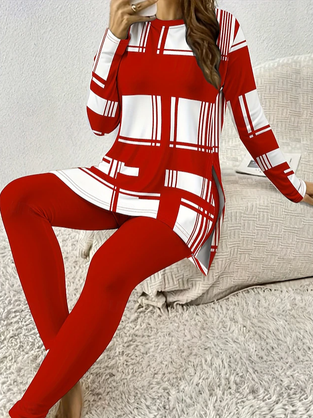 Damen Geometrisch Rundhals Langarm Bequem Lässig Bluse mit Hose Zweiteiliges Set