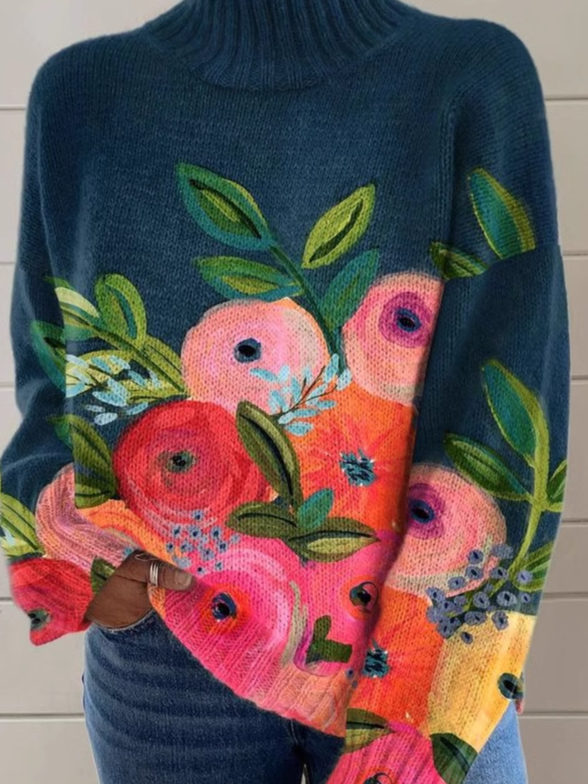 Lässig Rollkragen Geblümt Sweatshirt