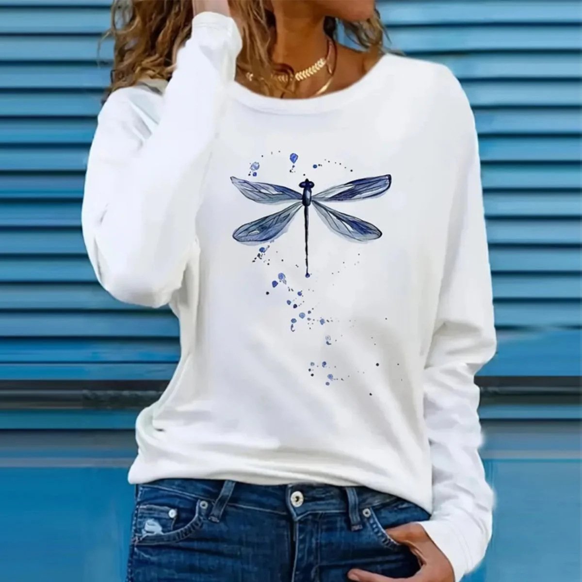 Lässig Libelle Rundhals Langarm T-Shirt