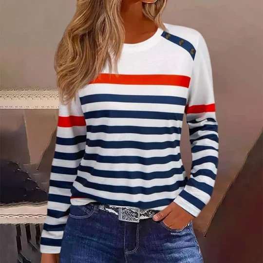 Lässig Gestreift Rundhals Langarm T-Shirt