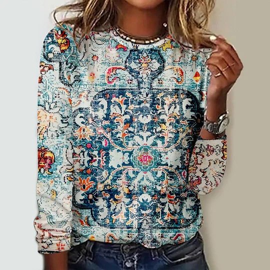 Lässig Ethnisch Rundhals Langarm T-Shirt