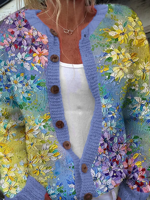 Damen Gestrickt 3d Drucken Langarm Bequem Lässig Strickjacke
