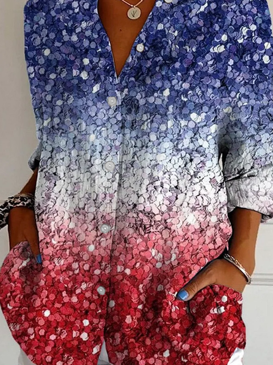 Hemdkragen Langarm Abstrakt Regelmäßig Weit Bluse für Damen