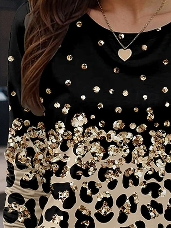 Lässig Leopard Rundhals Langarm T-Shirt