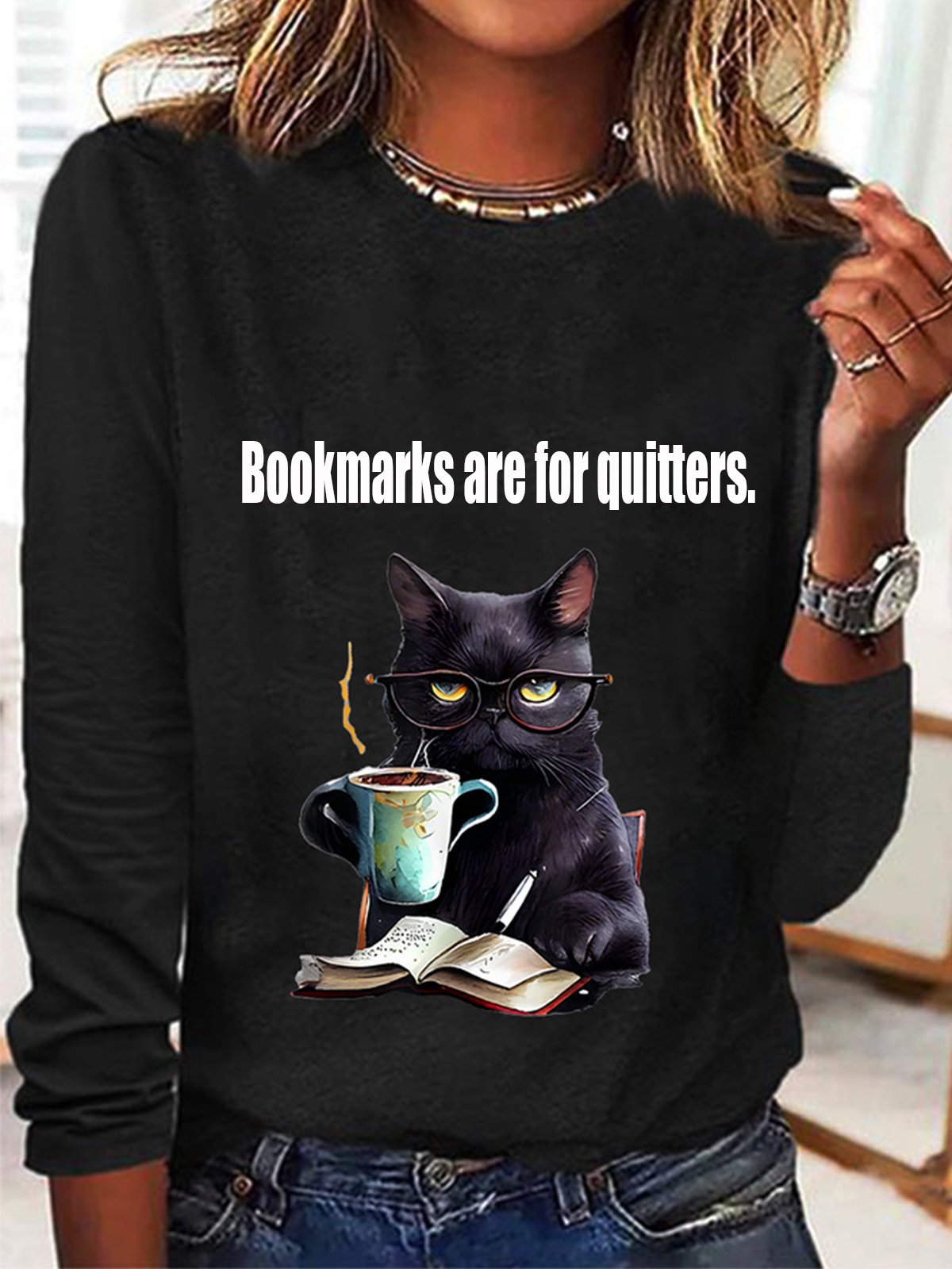 Lässig Katze Rundhals Langarm T-Shirt