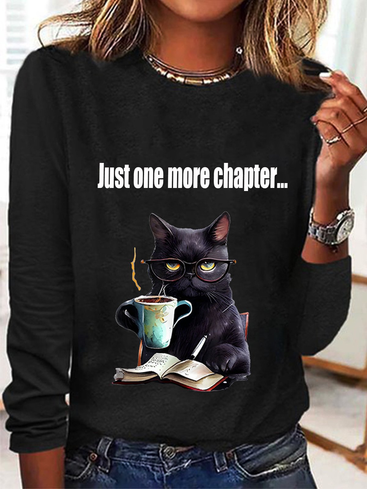 Lässig Katze Rundhals Langarm T-Shirt