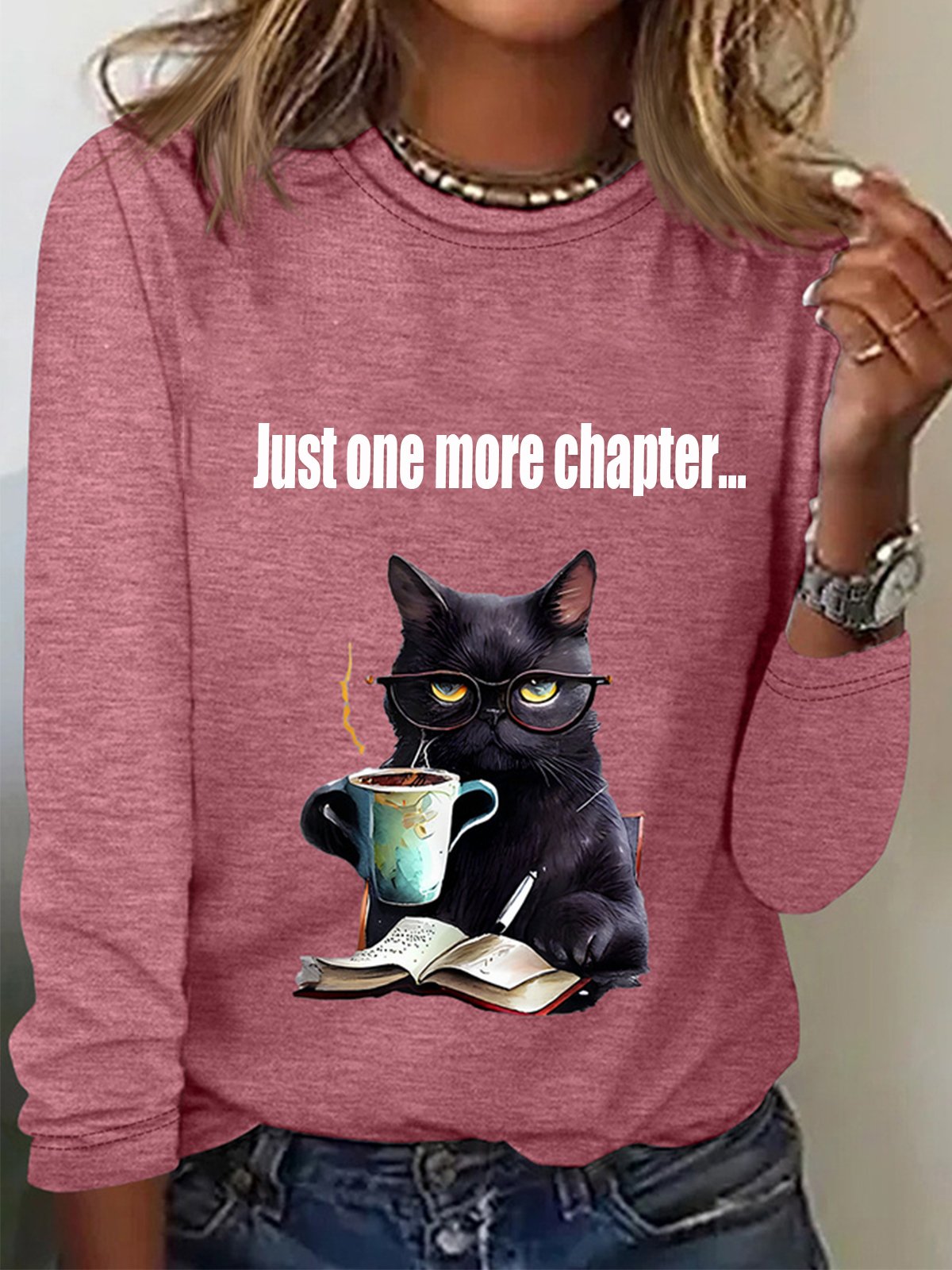 Lässig Katze Rundhals Langarm T-Shirt