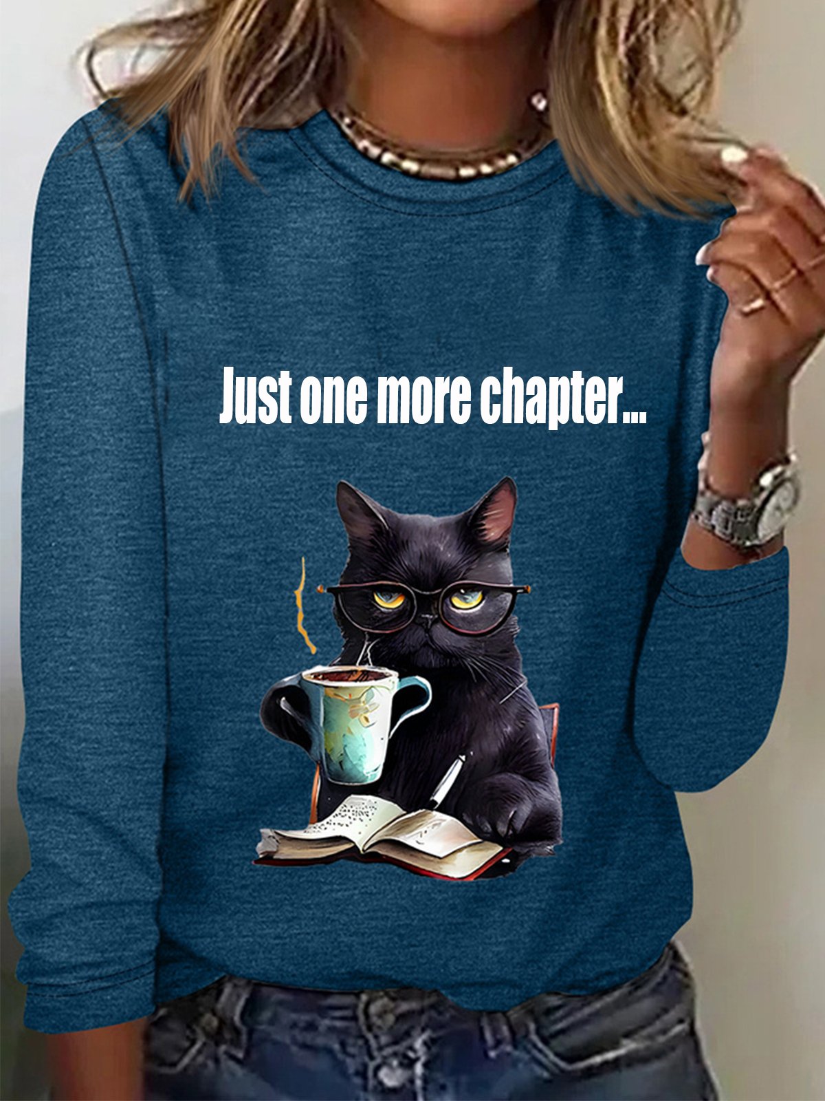 Lässig Katze Rundhals Langarm T-Shirt