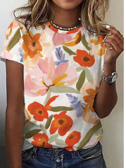 Lässig Geblümt Rundhals Kurzarm T-Shirt