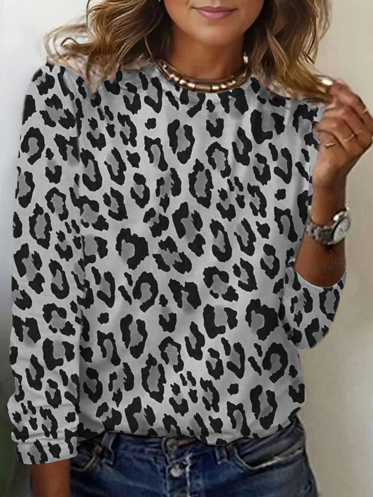 Lässig Leopard Rundhals Langarm T-Shirt