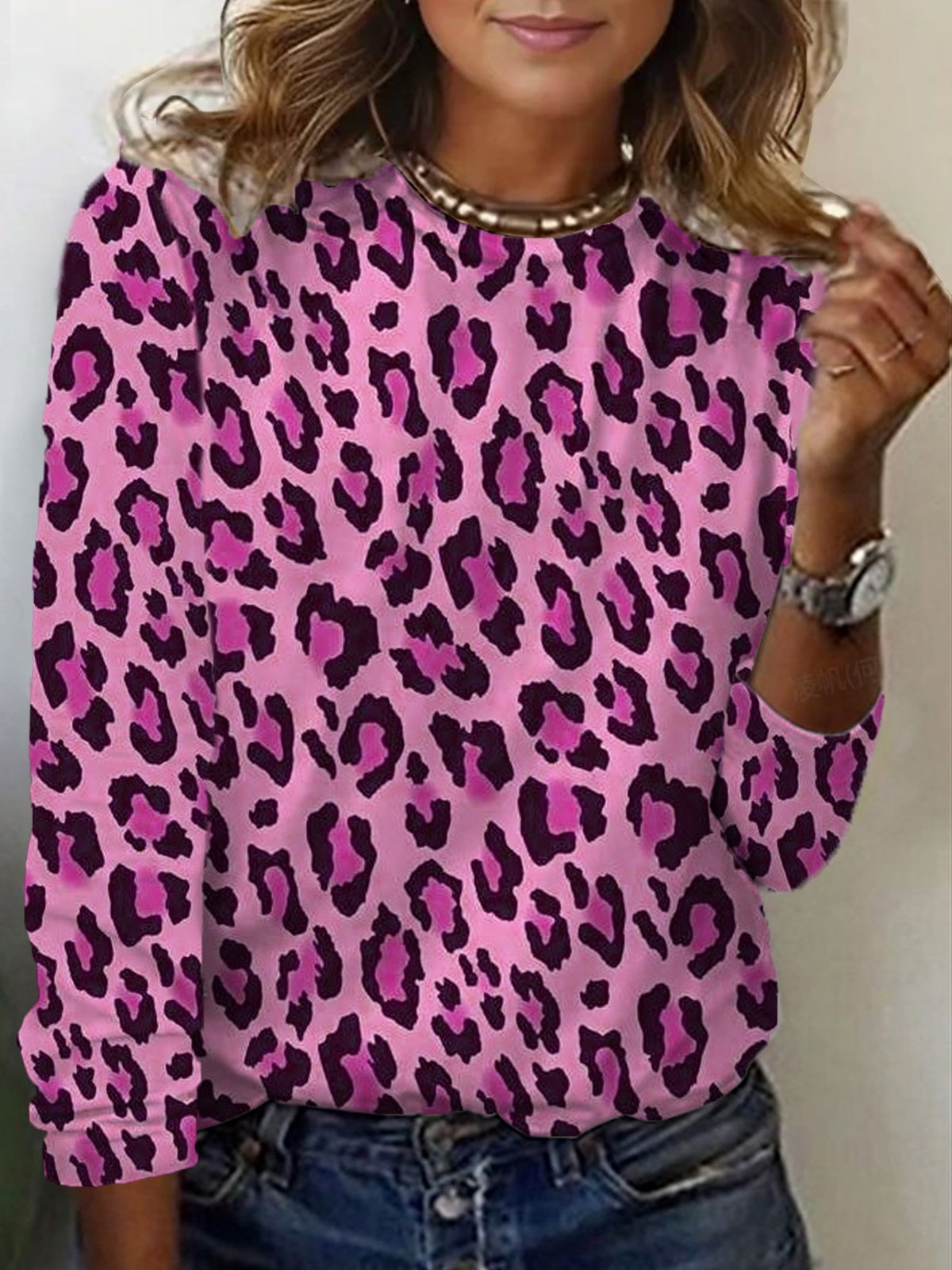 Lässig Leopard Rundhals Langarm T-Shirt