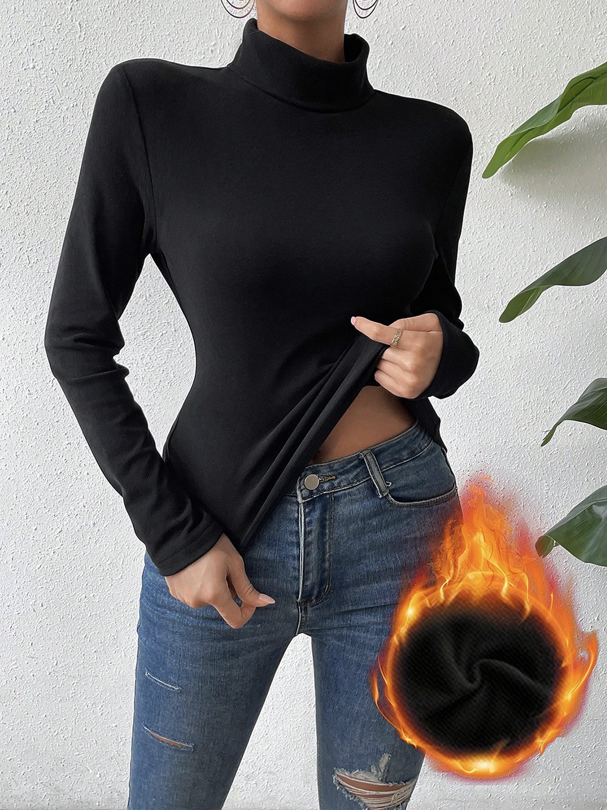 Lässig Unifarben Halber Rollkragen Langarm T-Shirt