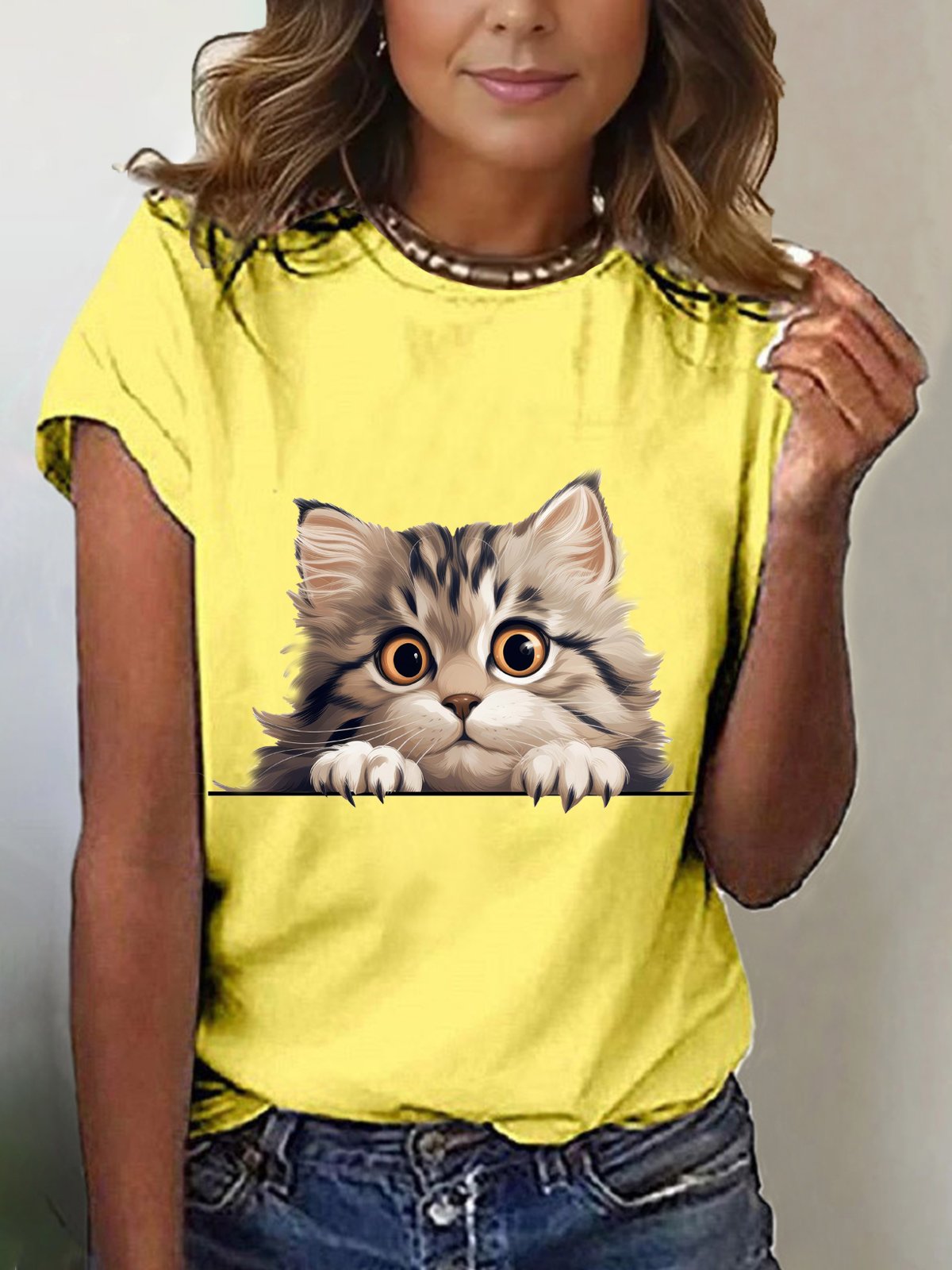 Lässig Katze Rundhals Kurzarm T-Shirt