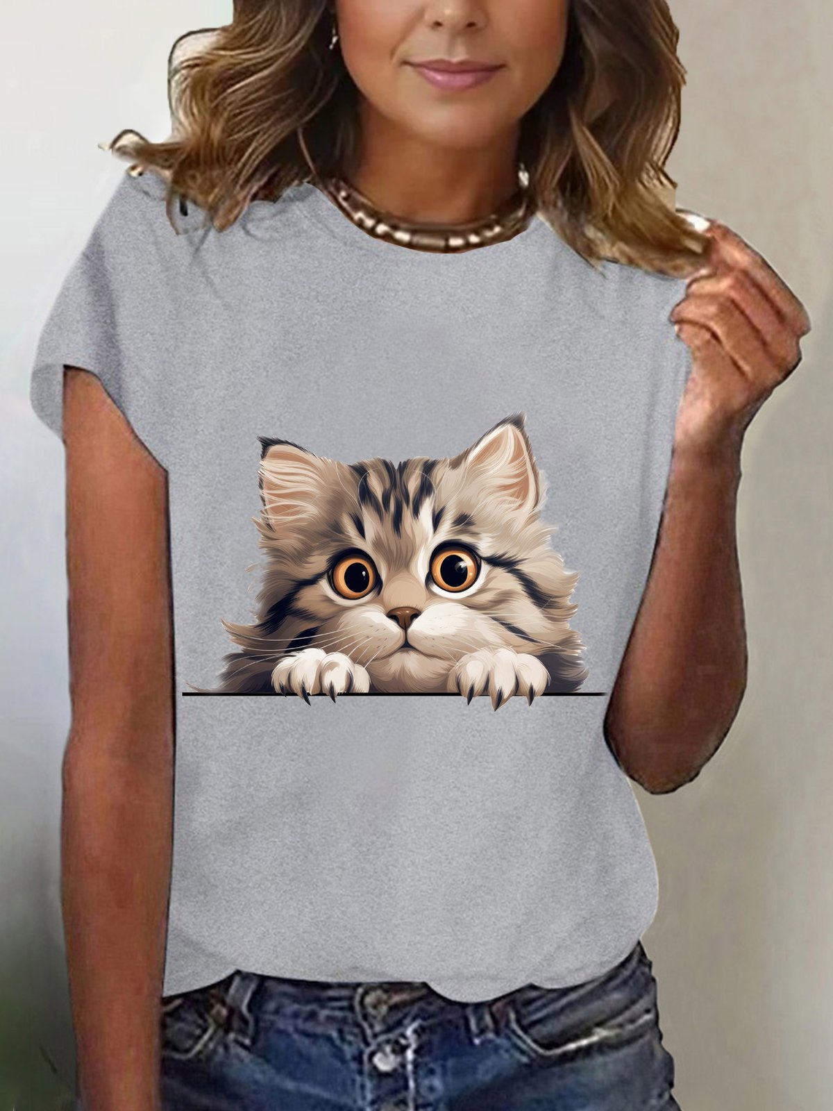 Lässig Katze Rundhals Kurzarm T-Shirt