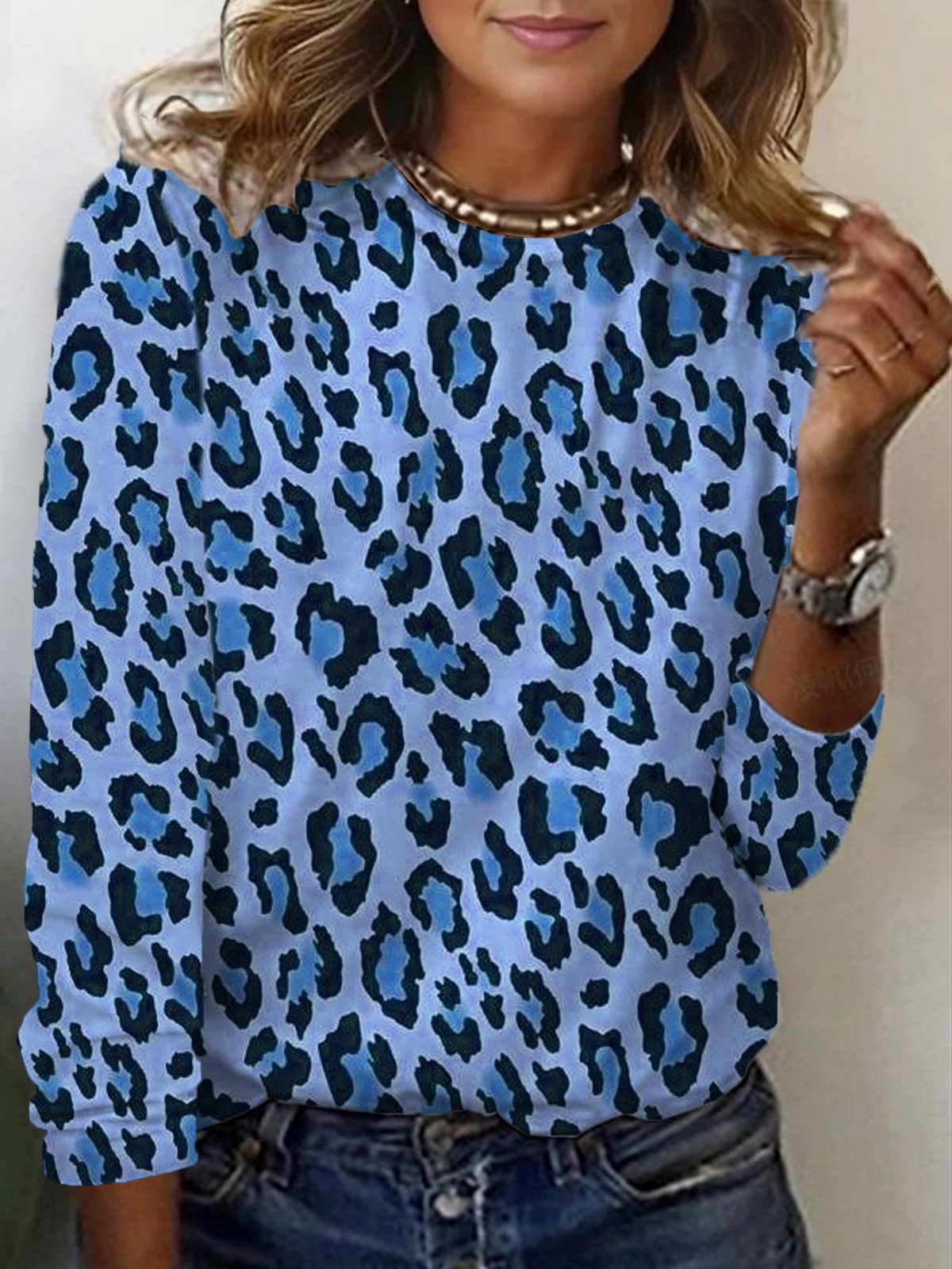 Lässig Leopard Rundhals Langarm T-Shirt