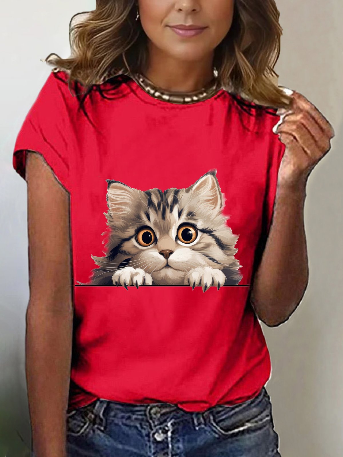 Lässig Katze Rundhals Kurzarm T-Shirt