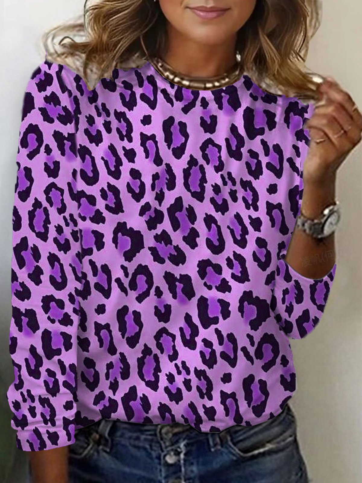 Lässig Leopard Rundhals Langarm T-Shirt