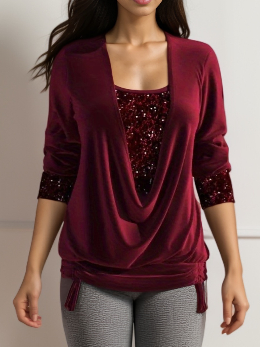 Rundhals Langarm Polka Dots Spitze Regelmäßig Mikroelastizität Weit Spotten Zweiteiliges Bluse für Damen