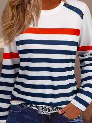 Lässig Gestreift Rundhals Langarm T-Shirt