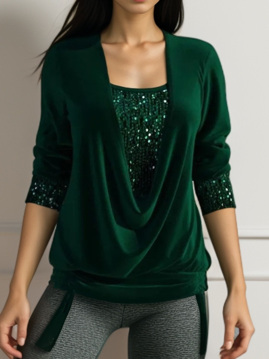 Rundhals Langarm Polka Dots Spitze Regelmäßig Mikroelastizität Weit Spotten Zweiteiliges Bluse für Damen