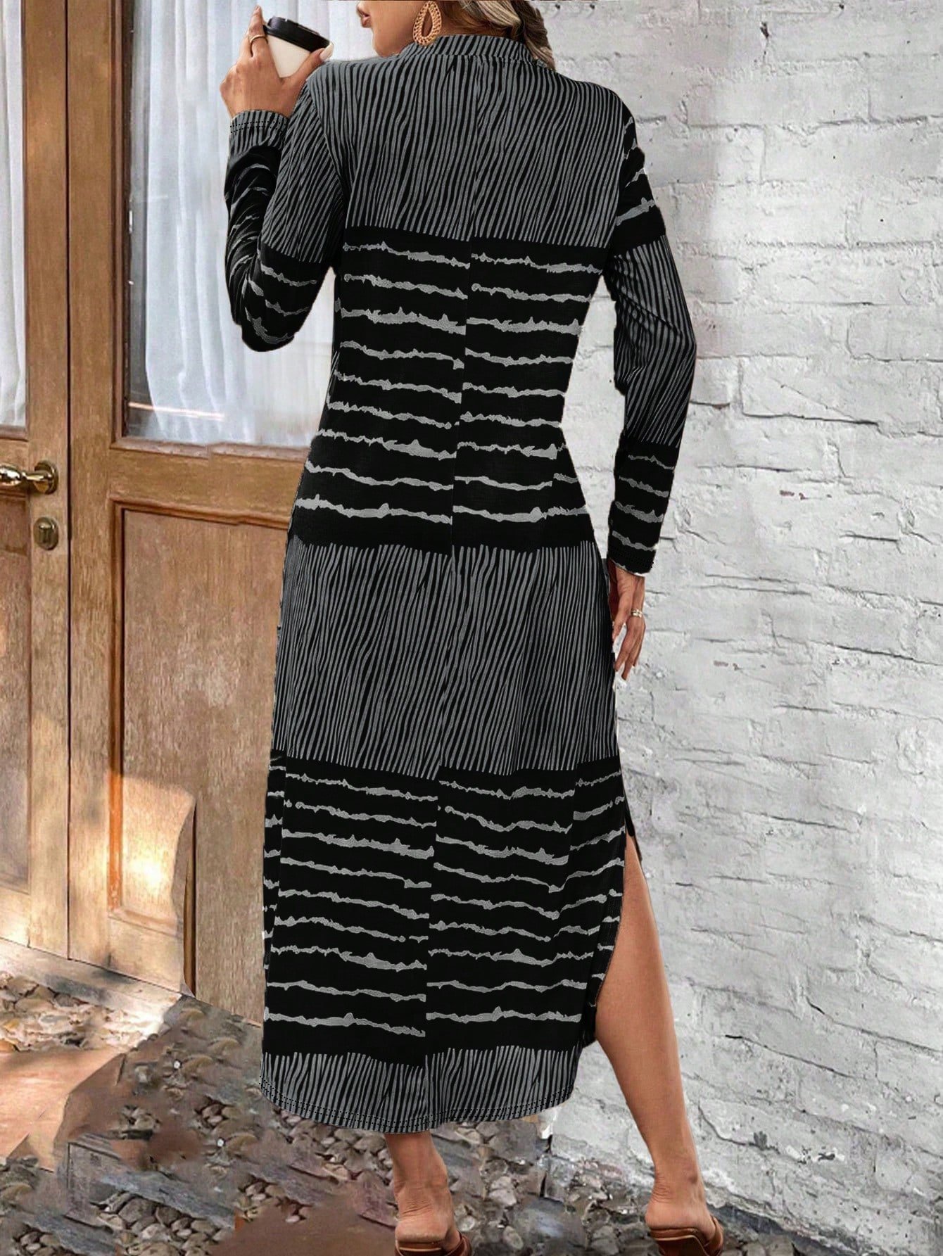 Damen Gestreift Frühling/Herbst Kleid Rundhals Langarm T-Shirt-Kleid H-Linie Kleid