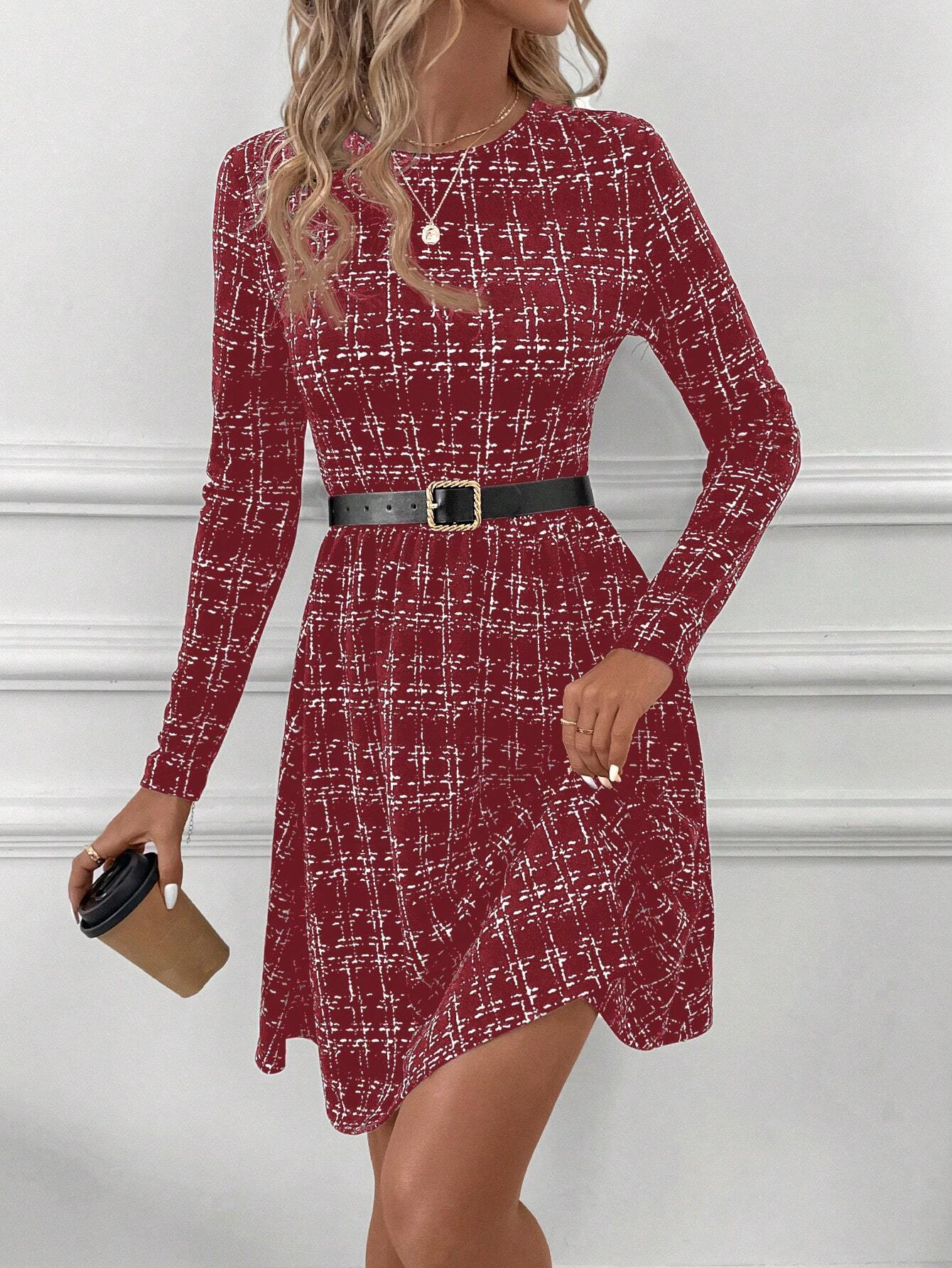 Damen Gestreift Frühling/Herbst Kleid Rundhals Langarm T-Shirt-Kleid H-Linie Kleid