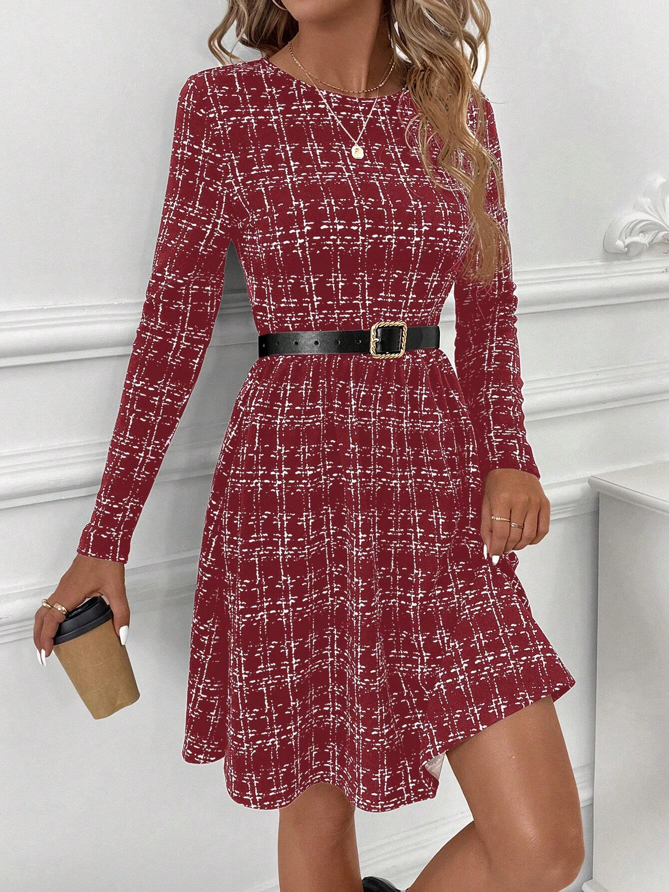Damen Gestreift Frühling/Herbst Kleid Rundhals Langarm T-Shirt-Kleid H-Linie Kleid