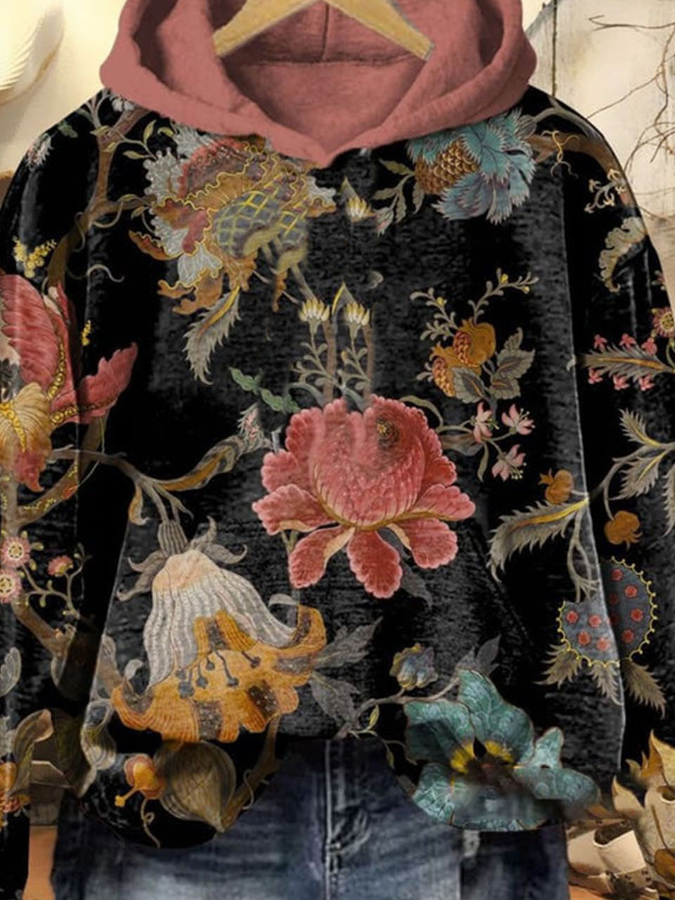 Lässig Kapuze Geblümt Sweatshirt