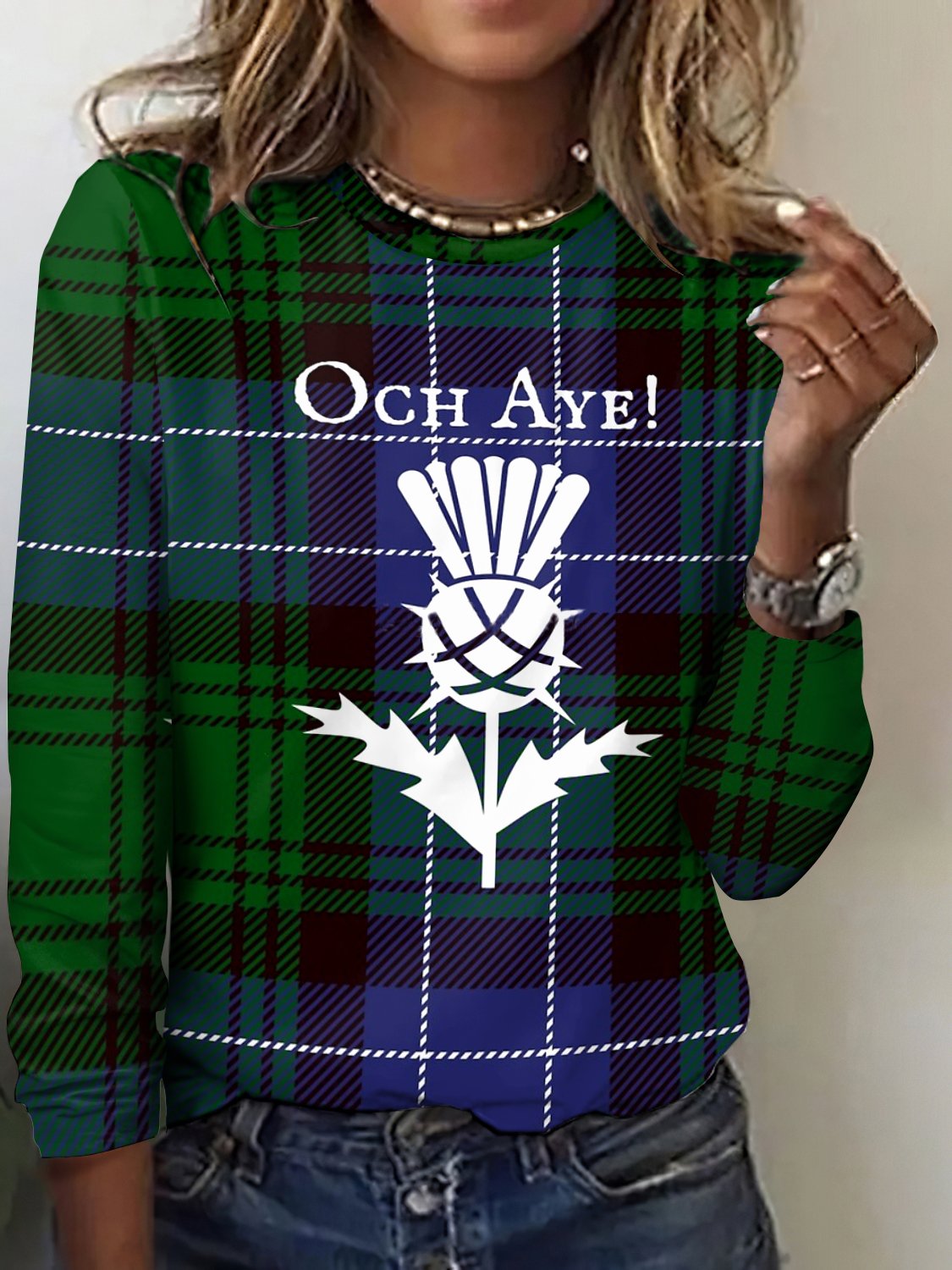 Retro Kariert Rundhals Langarm T-Shirt