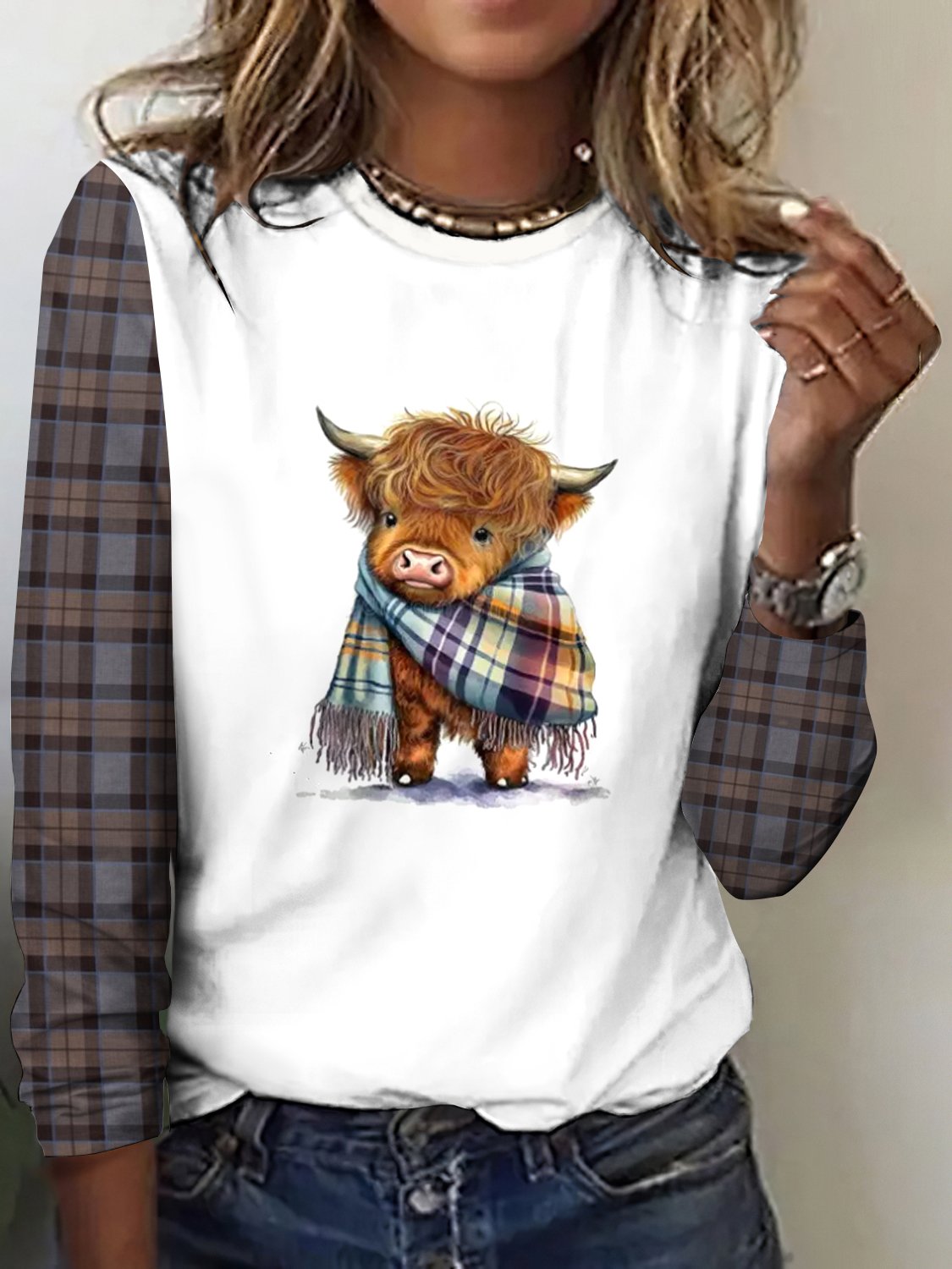 Retro Kariert Rundhals Langarm T-Shirt