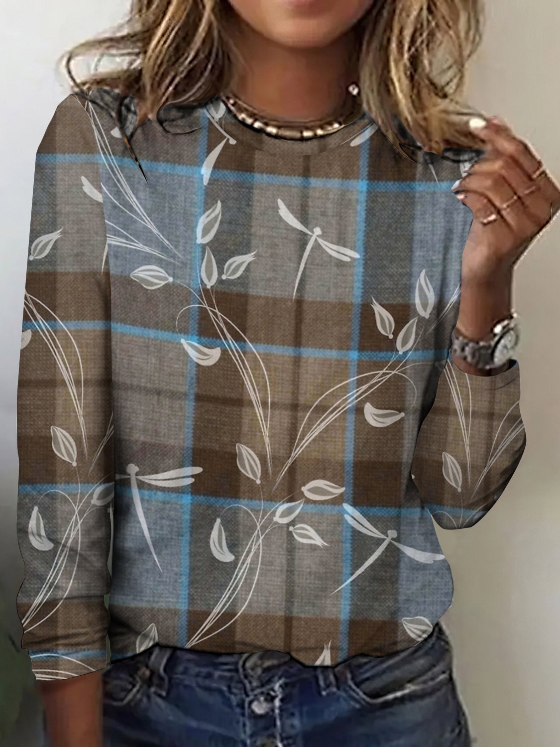 Retro Kariert Rundhals Langarm T-Shirt