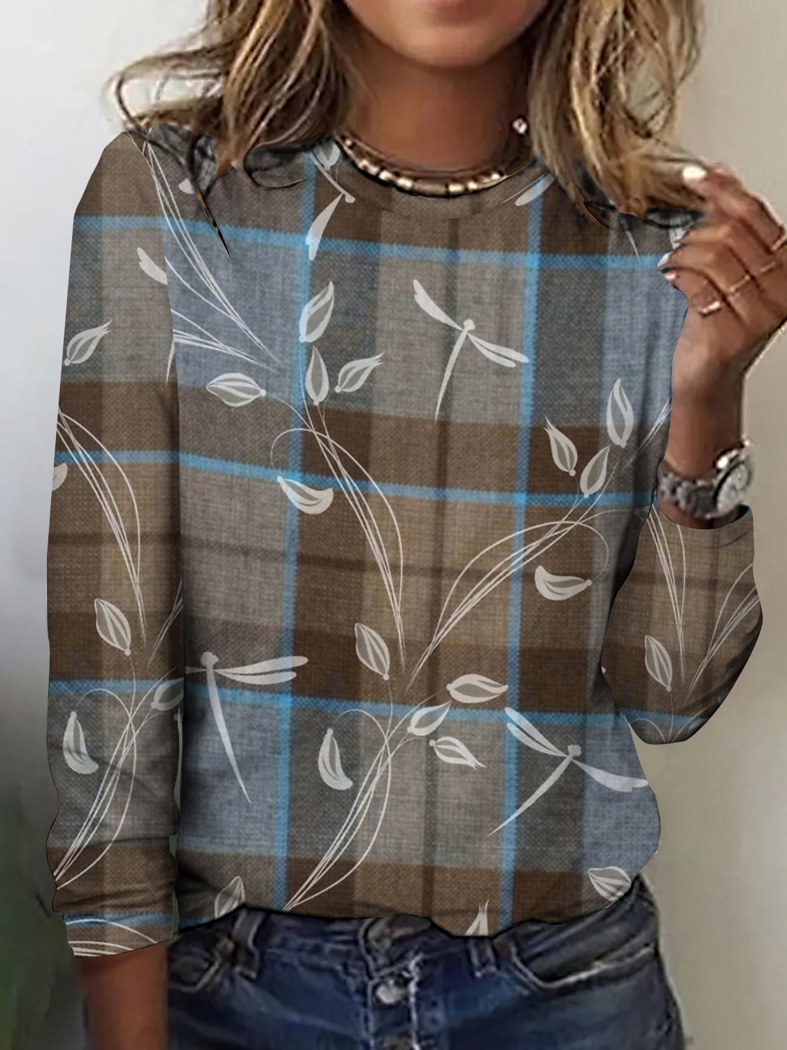 Retro Kariert Rundhals Langarm T-Shirt