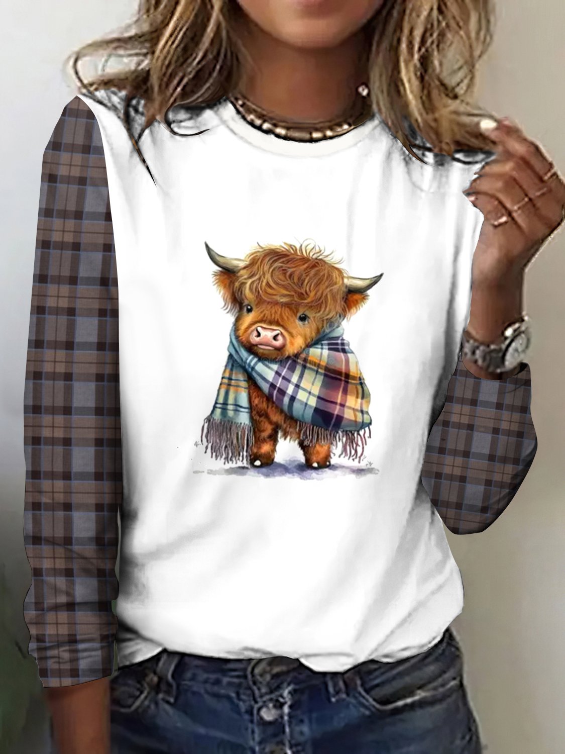 Retro Kariert Rundhals Langarm T-Shirt