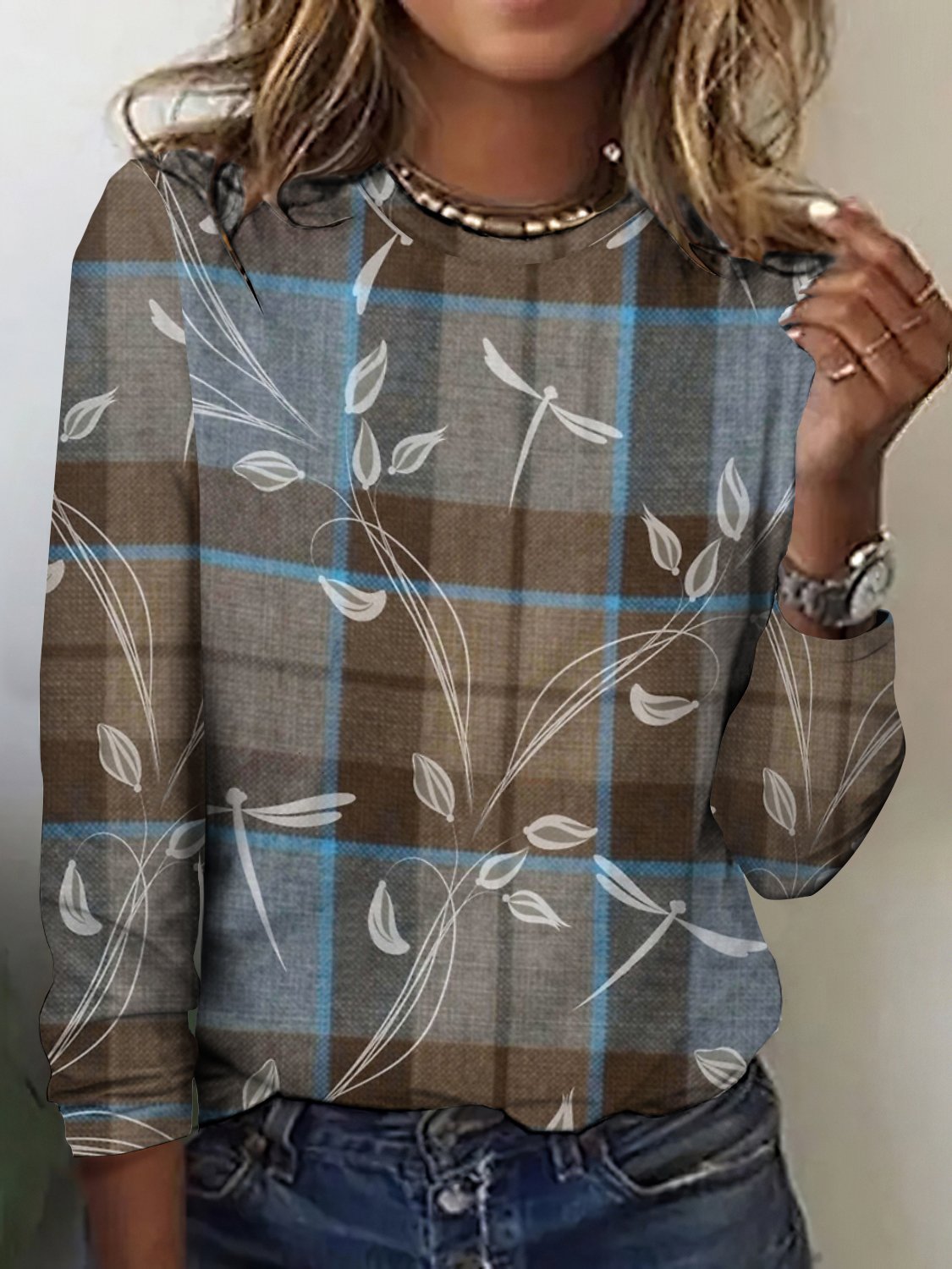 Retro Kariert Rundhals Langarm T-Shirt