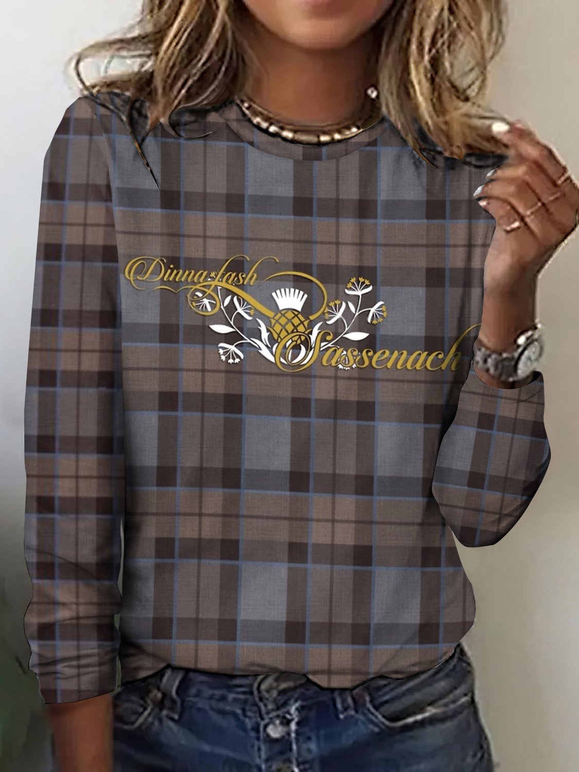 Retro Kariert Rundhals Langarm T-Shirt